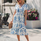 Easton Blue Floral Print Smock Tiered Midi Dress OMFORT