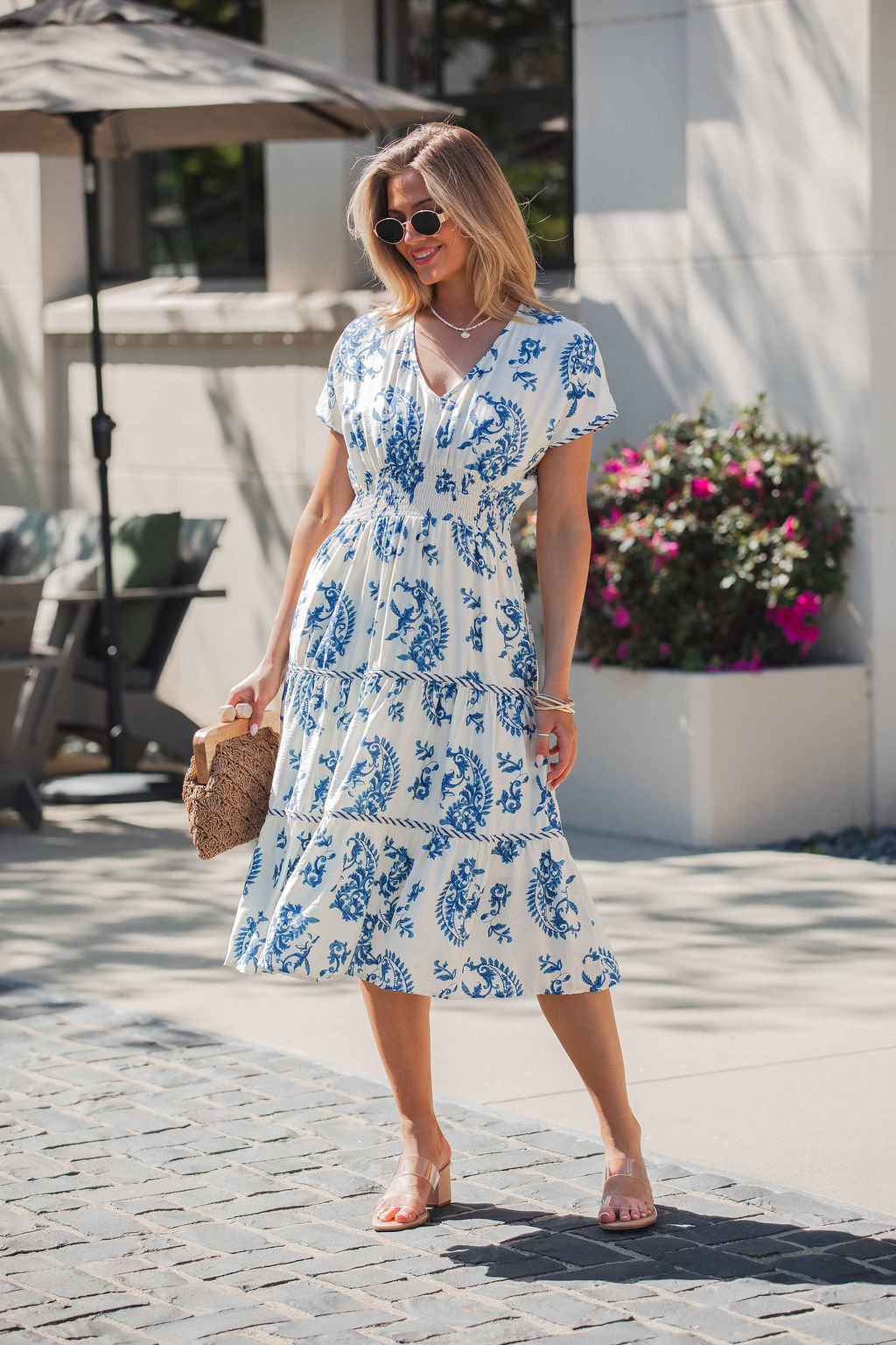 Easton Blue Floral Print Smock Tiered Midi Dress OMFORT