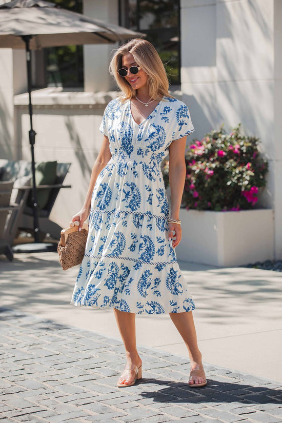 Easton Blue Floral Print Smock Tiered Midi Dress OMFORT