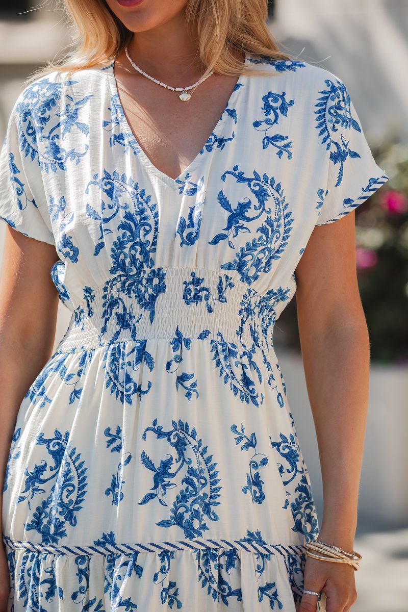 Easton Blue Floral Print Smock Tiered Midi Dress OMFORT