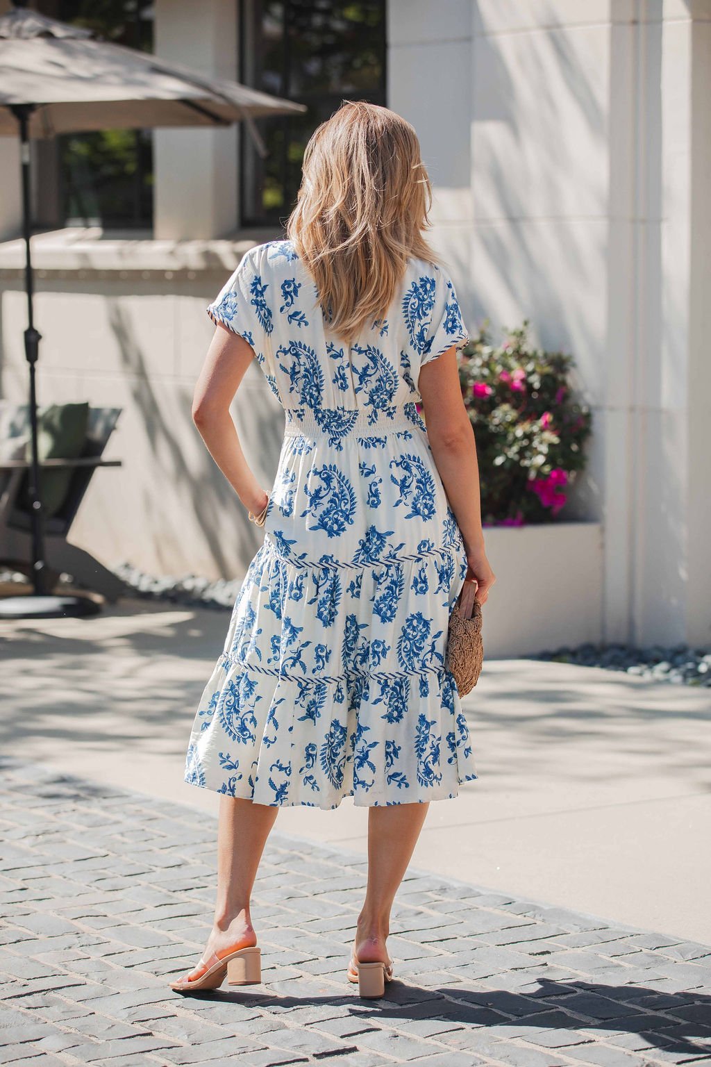 Easton Blue Print Smock Tiered Midi Dress OMFORT