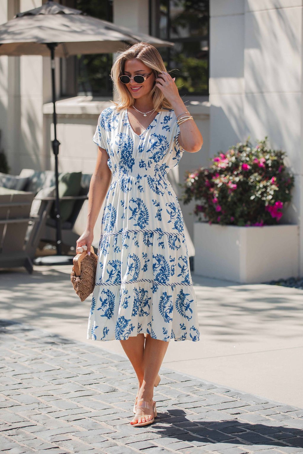 Easton Blue Floral Print Smock Tiered Midi Dress OMFORT