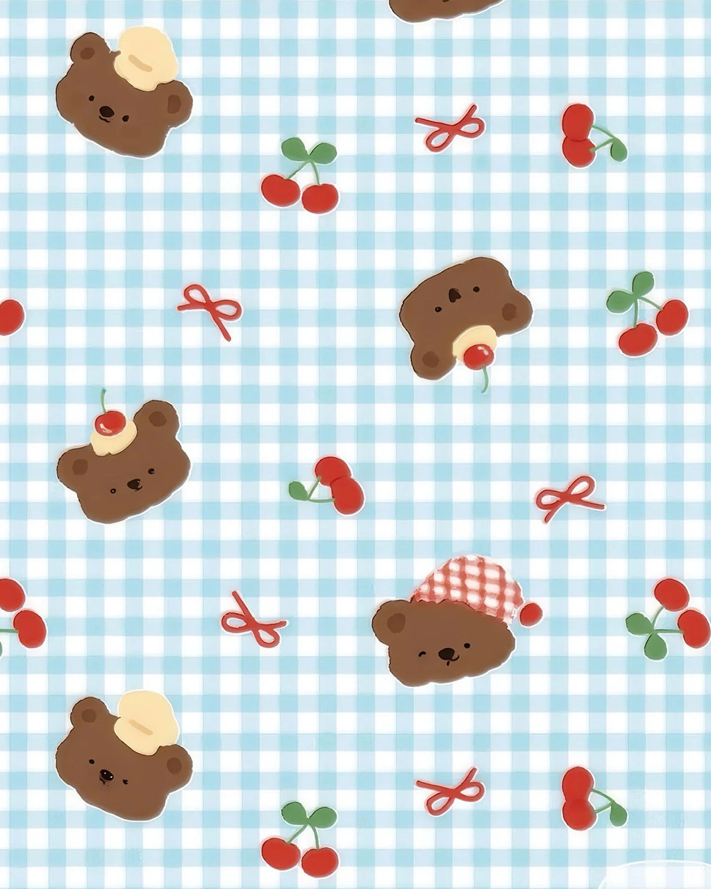 Fresh Blue Checkered Cherry Bear Print Pajama Set OMFORT