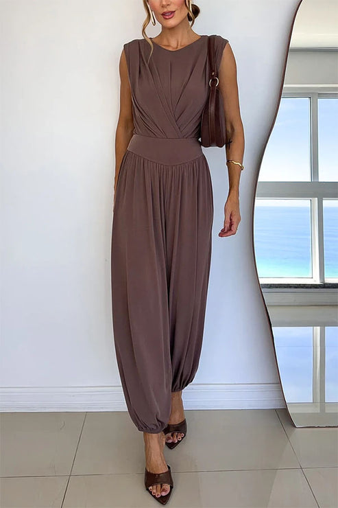 Athena Ruched Drape Neck Bodysuit and High Rise Elastic Waist Lantern Pants Set OMFORT