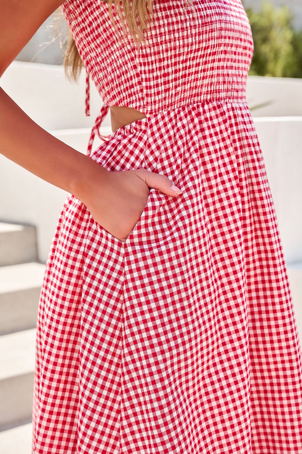 Gingham Open Back Maxi Dress - Red OMFORT