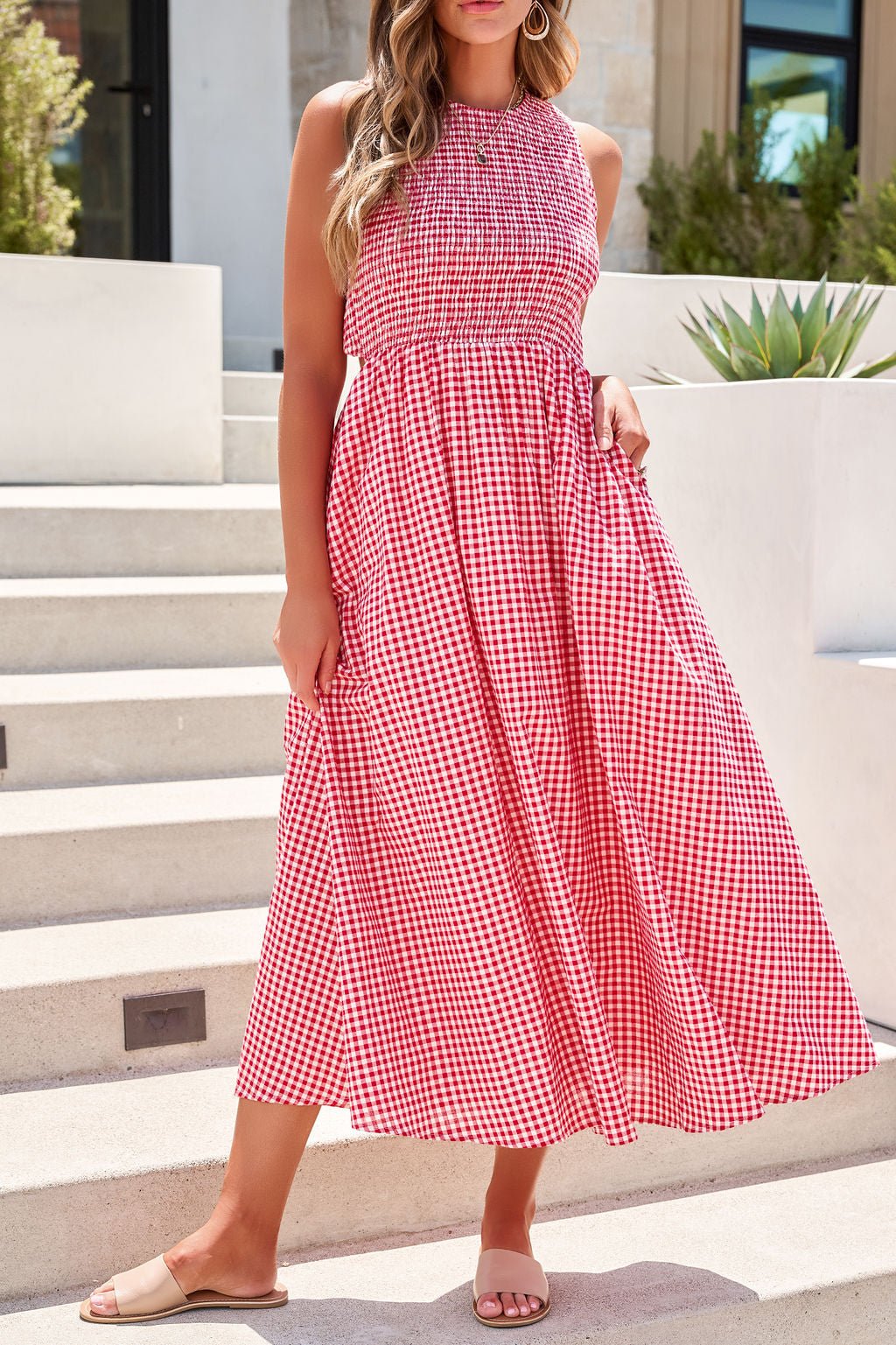Gingham Open Back Maxi Dress - Red OMFORT