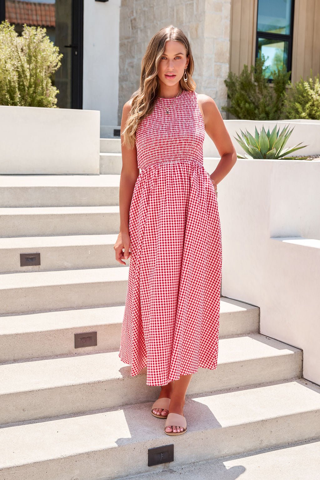 Gingham Open Back Maxi Dress - Red OMFORT