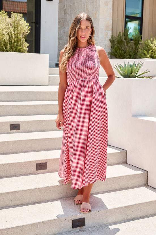 Gingham Open Back Maxi Dress - Red OMFORT