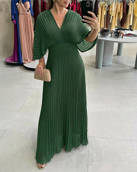Deep V-Neck Batwing Sleeve High Waist Pleated Maxi Dress Casual Cinched Waist Backless Tied Detail Zipper Back Evening Dress Omfort