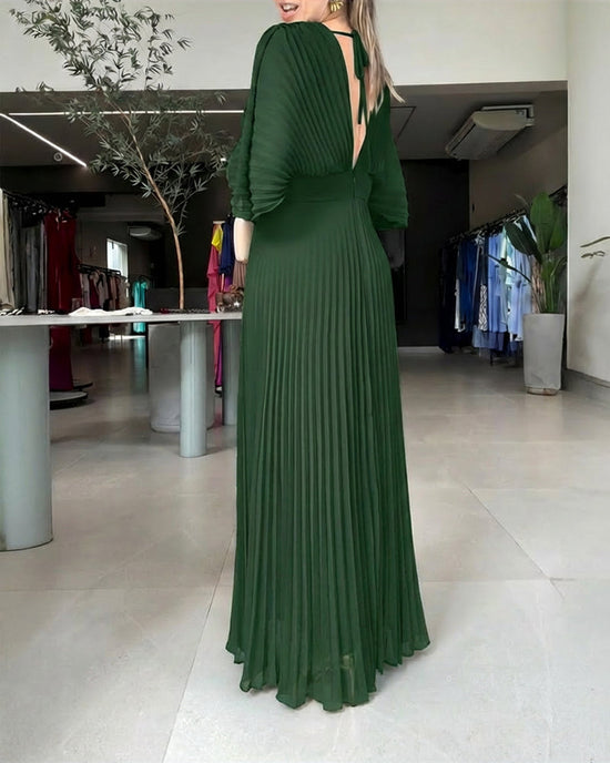 Deep V-Neck Batwing Sleeve High Waist Pleated Maxi Dress Casual Cinched Waist Backless Tied Detail Zipper Back Evening Dress Omfort