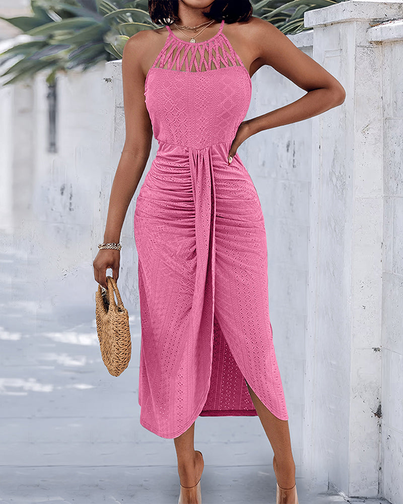Halter Tie Criss Cross Front Knit Jacquard Textured Slit Dress Casual Hollow-out Draped Vacation Dress Omfort