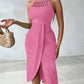 Halter Tie Criss Cross Front Knit Jacquard Textured Slit Dress Casual Hollow-out Draped Vacation Dress Omfort