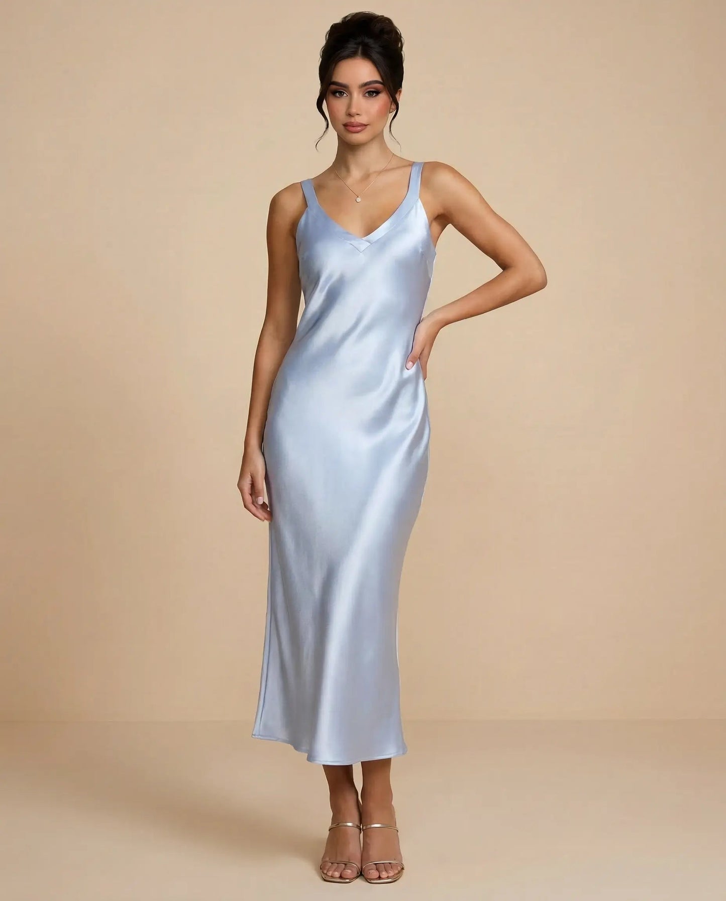 SOLACE  Light Blue Satin Fabric Slim Fit Midi Slip Dress?