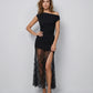 SOLACE  Black Off Shoulder Lace Sheer Maxi Dress?