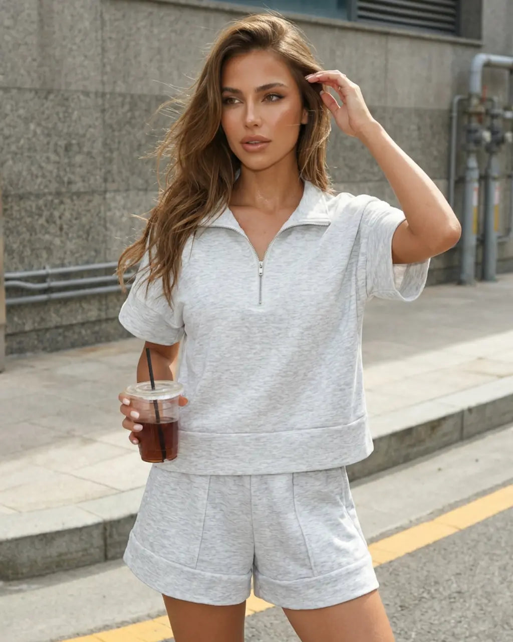 SOLACE  Heather Grey Quarter Zip Top Soft Jersey Relaxed Regular Shorts Set?