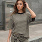 SOLACE  Beige Black Stripe Contrast Collar Oversized Short Sleeve T-Shirt Wide Leg Shorts Set?