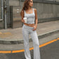 SOLACE  Grey Ribbed Knit Slim Fit Cropped Top Long Pants Casual Set?