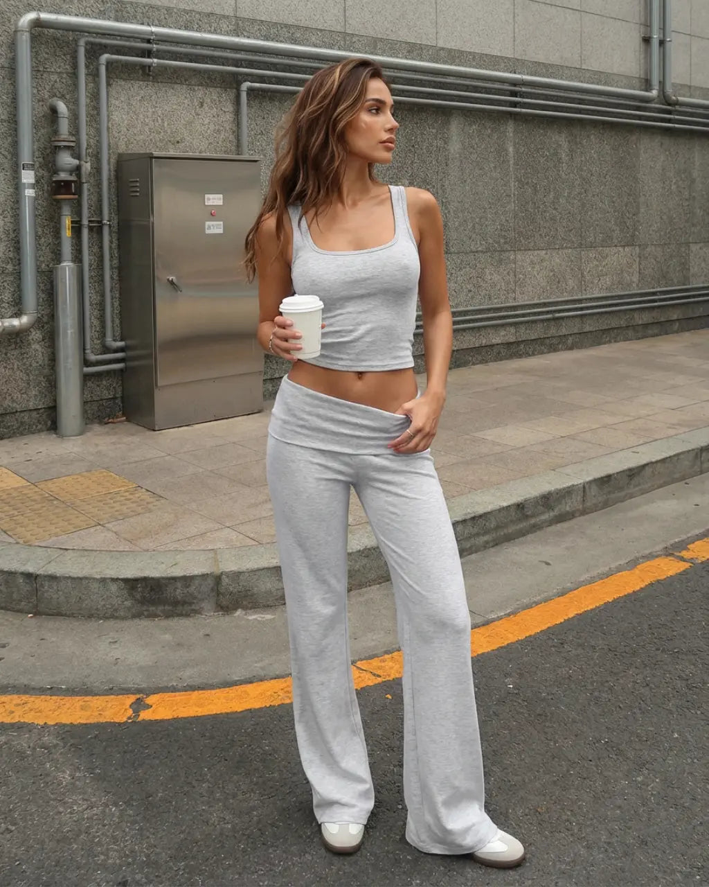 SOLACE  Grey Ribbed Knit Slim Fit Cropped Top Long Pants Casual Set?