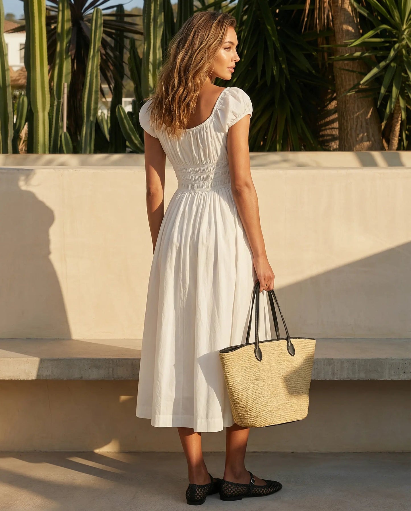 SOLACE  White Square Neck Puff Sleeve Smocked Waist Midi Dress?