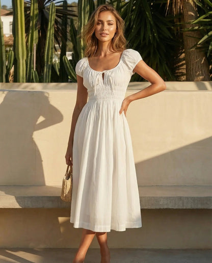 SOLACE  White Square Neck Puff Sleeve Smocked Waist Midi Dress?
