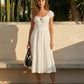 SOLACE  White Square Neck Puff Sleeve Smocked Waist Midi Dress?