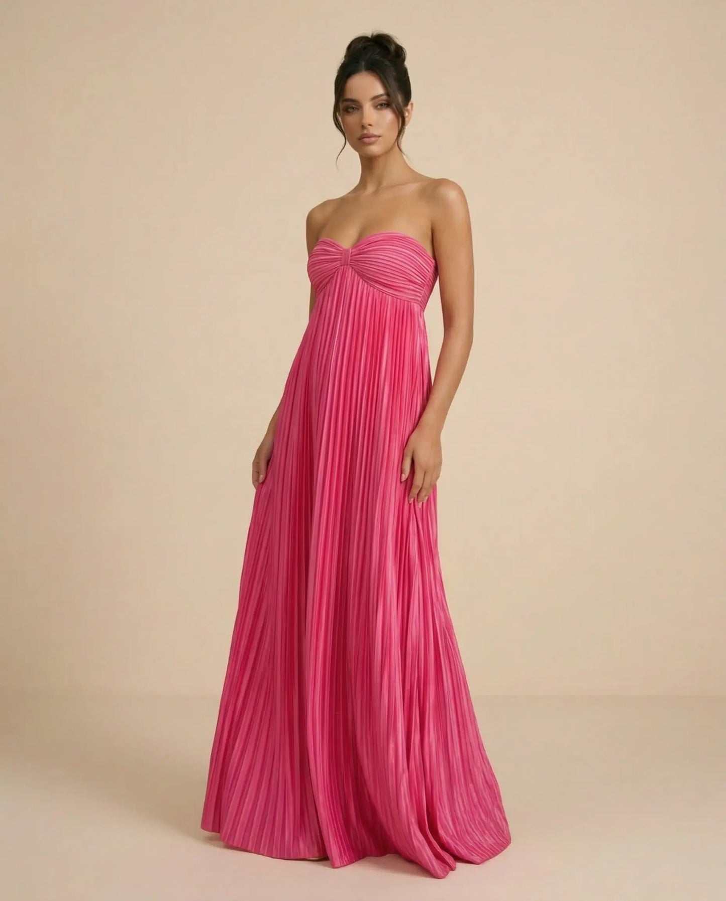 SOLACE  Fuchsia Pink Pleated Fabric Flowy Fit Maxi Dress?