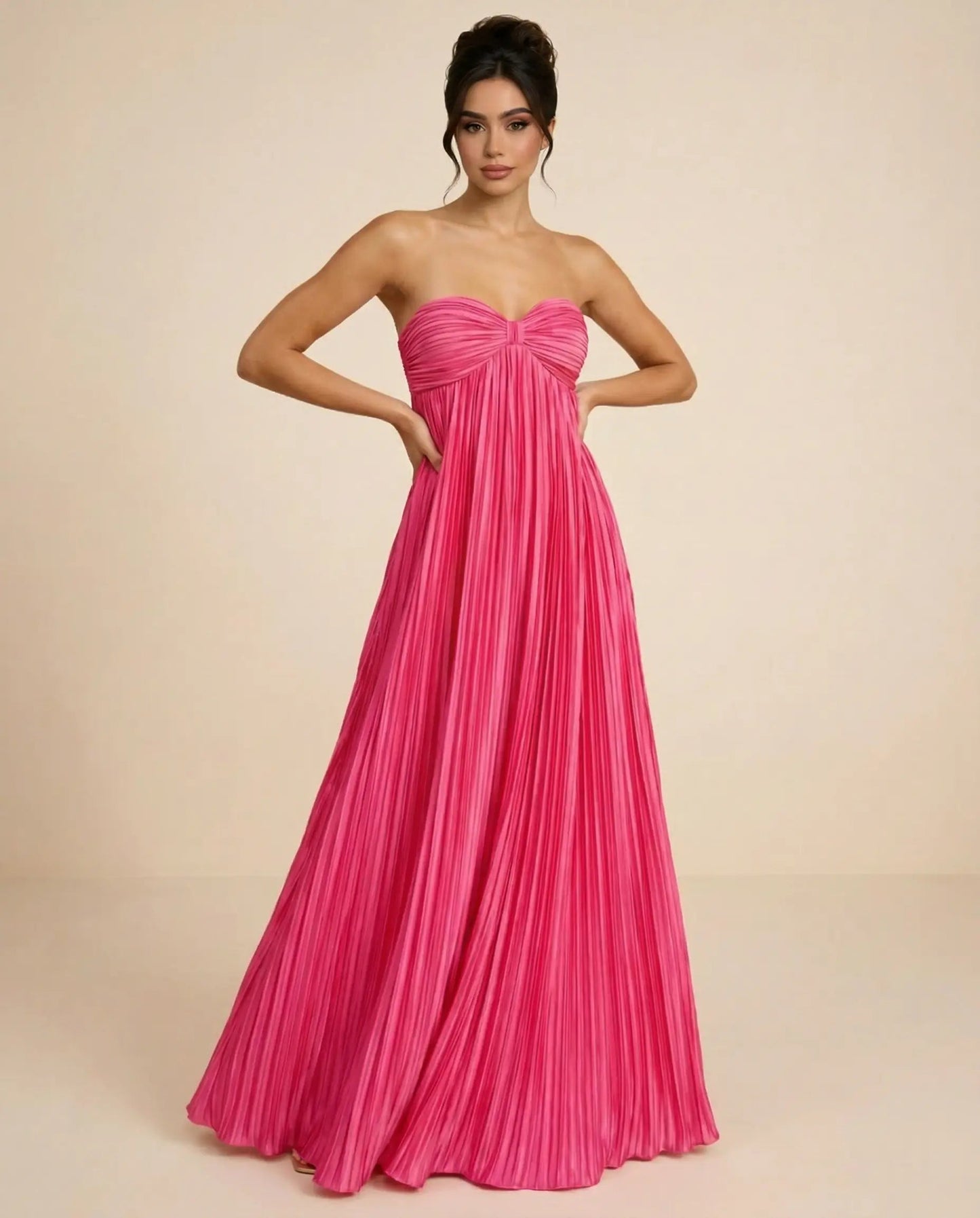 SOLACE  Fuchsia Pink Pleated Fabric Flowy Fit Maxi Dress?