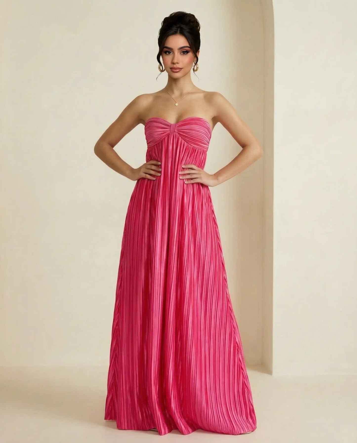 SOLACE  Fuchsia Pink Pleated Fabric Flowy Fit Maxi Dress?