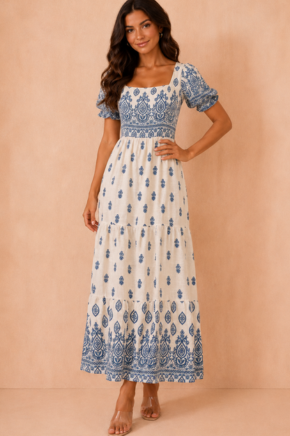 Jazmin Blue Border Print Midi Dress OMFORT