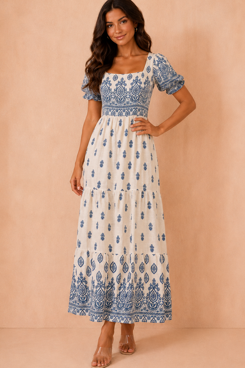 Jazmin Blue Border Print Midi Dress OMFORT