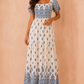 Jazmin Blue Border Print Midi Dress OMFORT