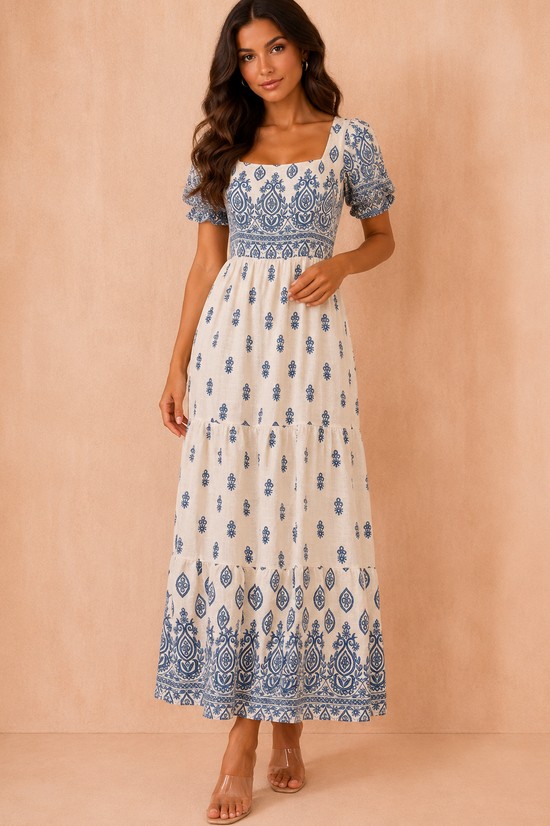 Jazmin Blue Border Print Midi Dress OMFORT