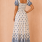 Jazmin Blue Border Print Midi Dress OMFORT
