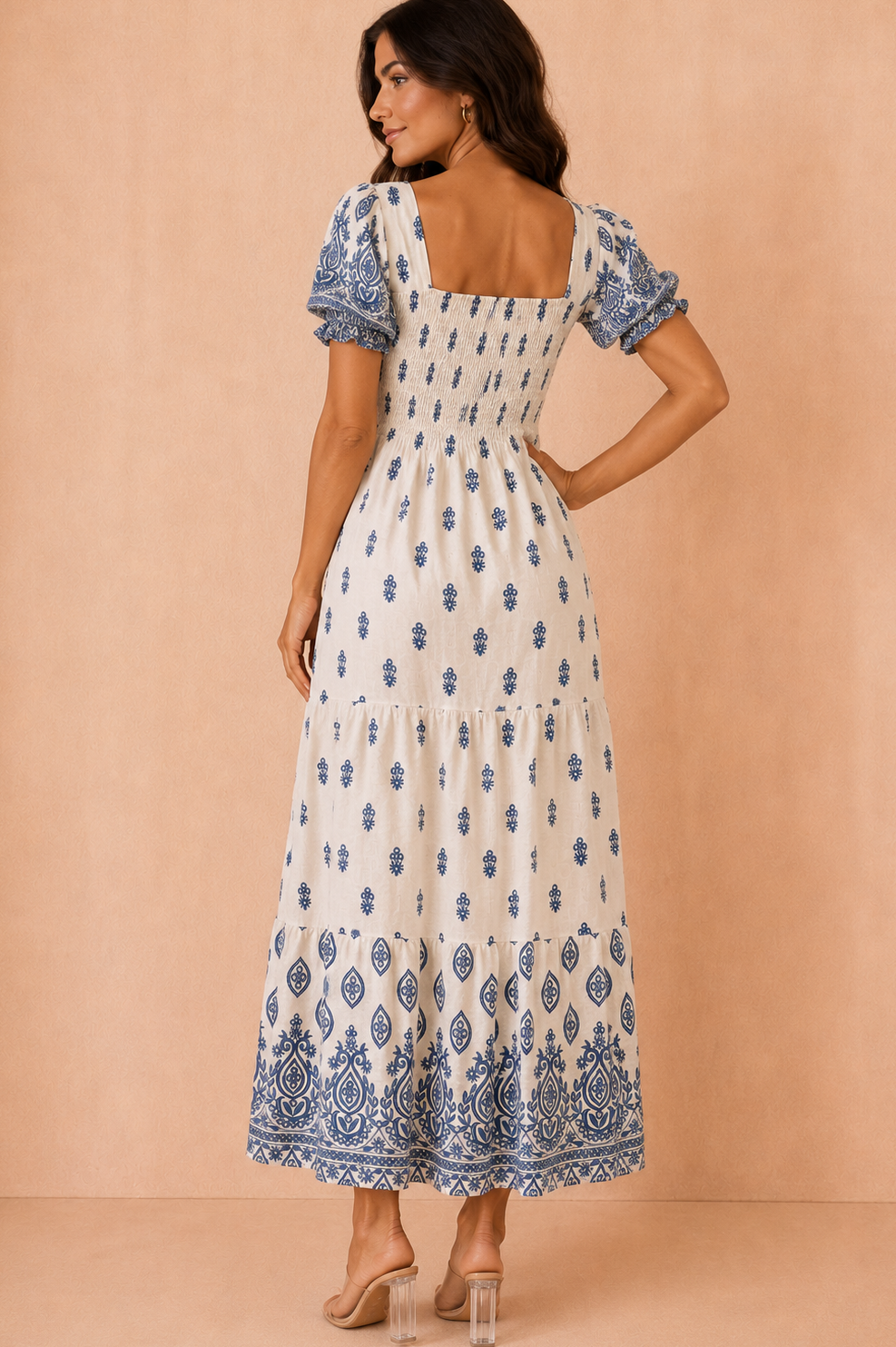 Jazmin Blue Border Print Midi Dress OMFORT