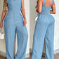 V-Neck Adjustable Thick Straps Denim Overalls Casual Shirred Back Wide Leg Suspender Jumpsuit mysite