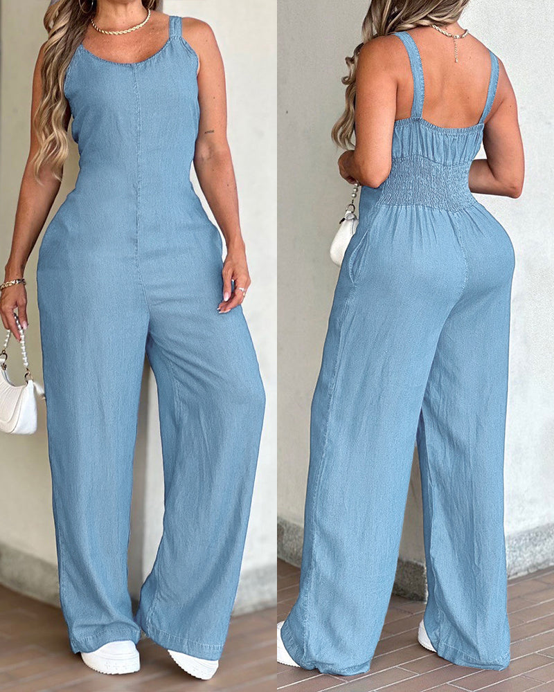 V-Neck Adjustable Thick Straps Denim Overalls Casual Shirred Back Wide Leg Suspender Jumpsuit mysite
