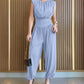 Padded Shoulders Sleeveless Cinched Waist Side High Slit Overalls Casual Hollow-out Back Ruched Jumpsuit Omfort