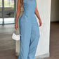 V-Neck Adjustable Thick Straps Denim Overalls Casual Shirred Back Wide Leg Suspender Jumpsuit mysite