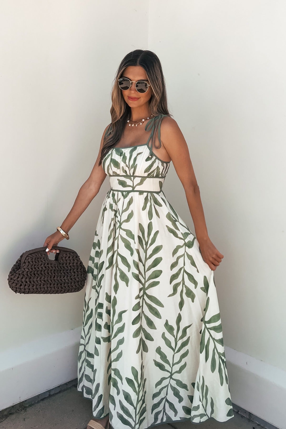 Leaf Print Tie Strap Maxi Dress - Green OMFORT