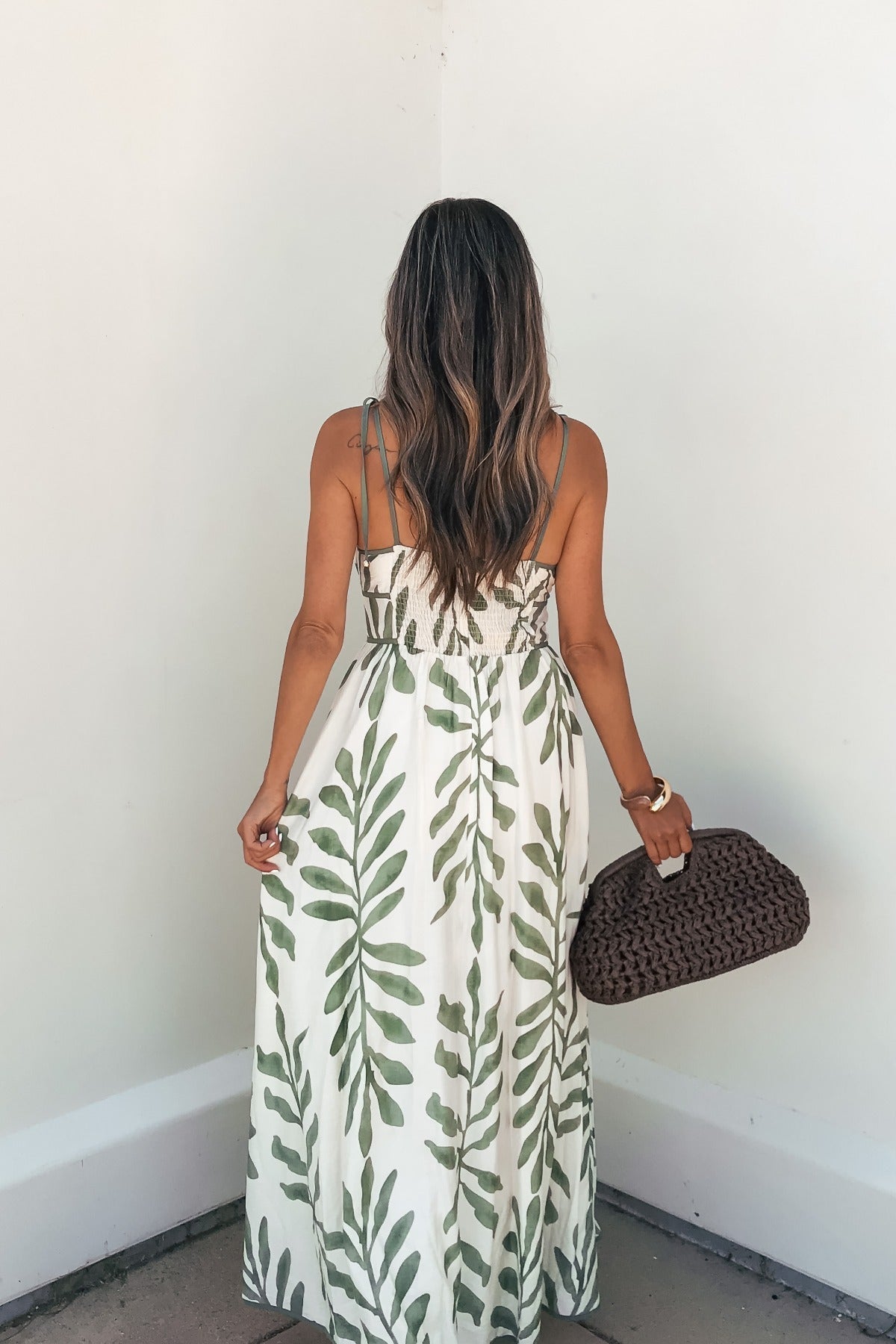 Leaf Print Tie Strap Maxi Dress - Green OMFORT