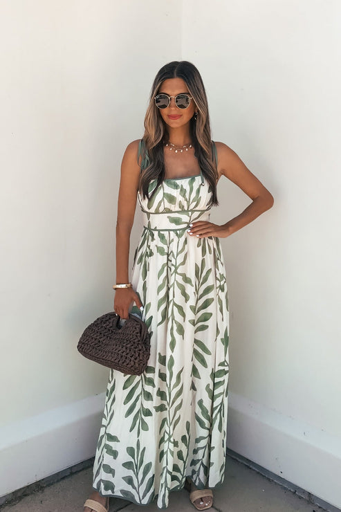 Leaf Print Tie Strap Maxi Dress - Green OMFORT
