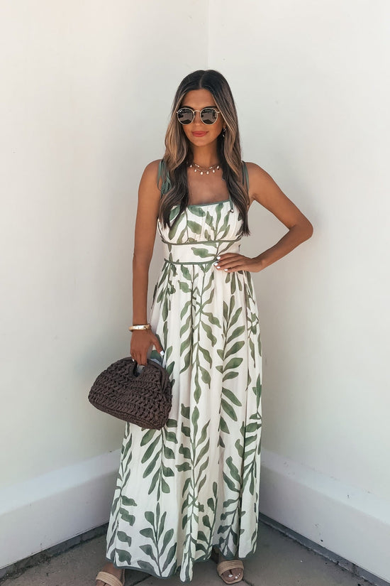 Leaf Print Tie Strap Maxi Dress - Green OMFORT