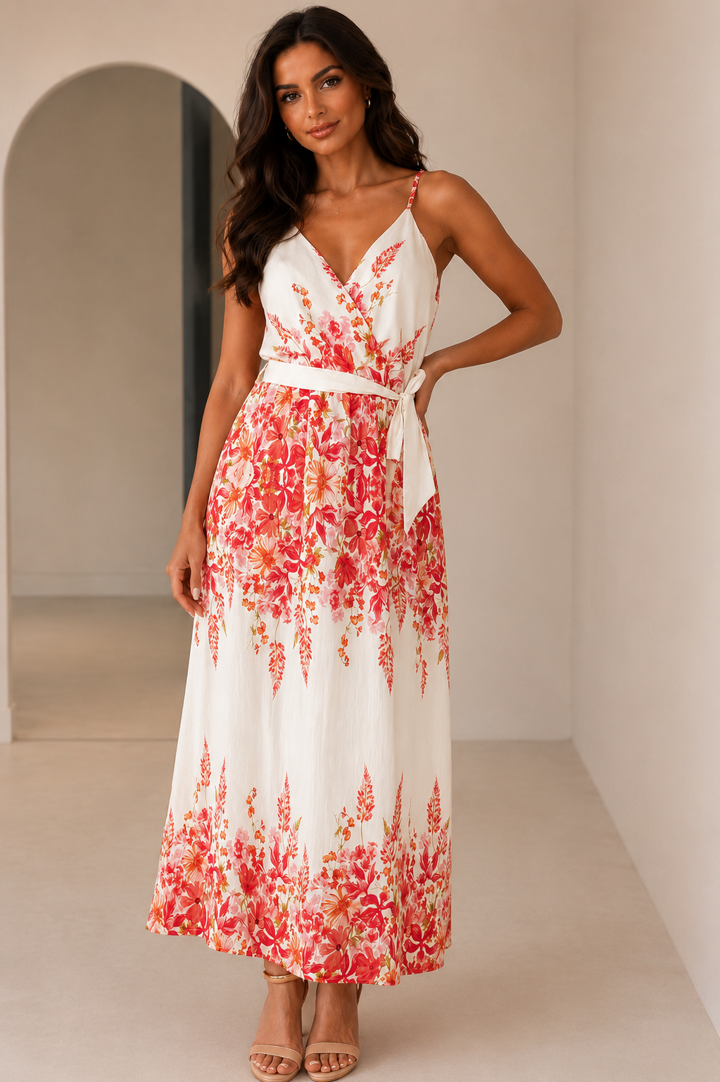 Leliana Cream and Pink Floral Belted Midi Dress OMFORT