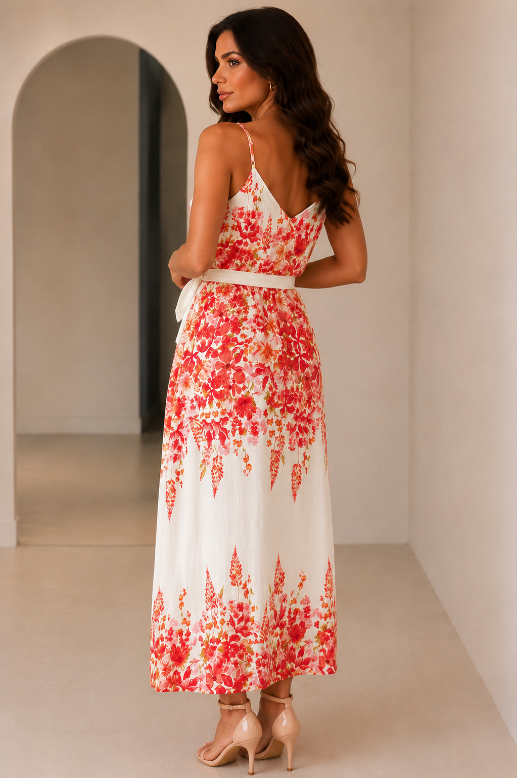 Leliana Cream and Pink Floral Belted Midi Dress OMFORT
