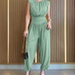 Padded Shoulders Sleeveless Cinched Waist Side High Slit Overalls Casual Hollow-out Back Ruched Jumpsuit Omfort