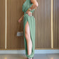 Padded Shoulders Sleeveless Cinched Waist Side High Slit Overalls Casual Hollow-out Back Ruched Jumpsuit Omfort