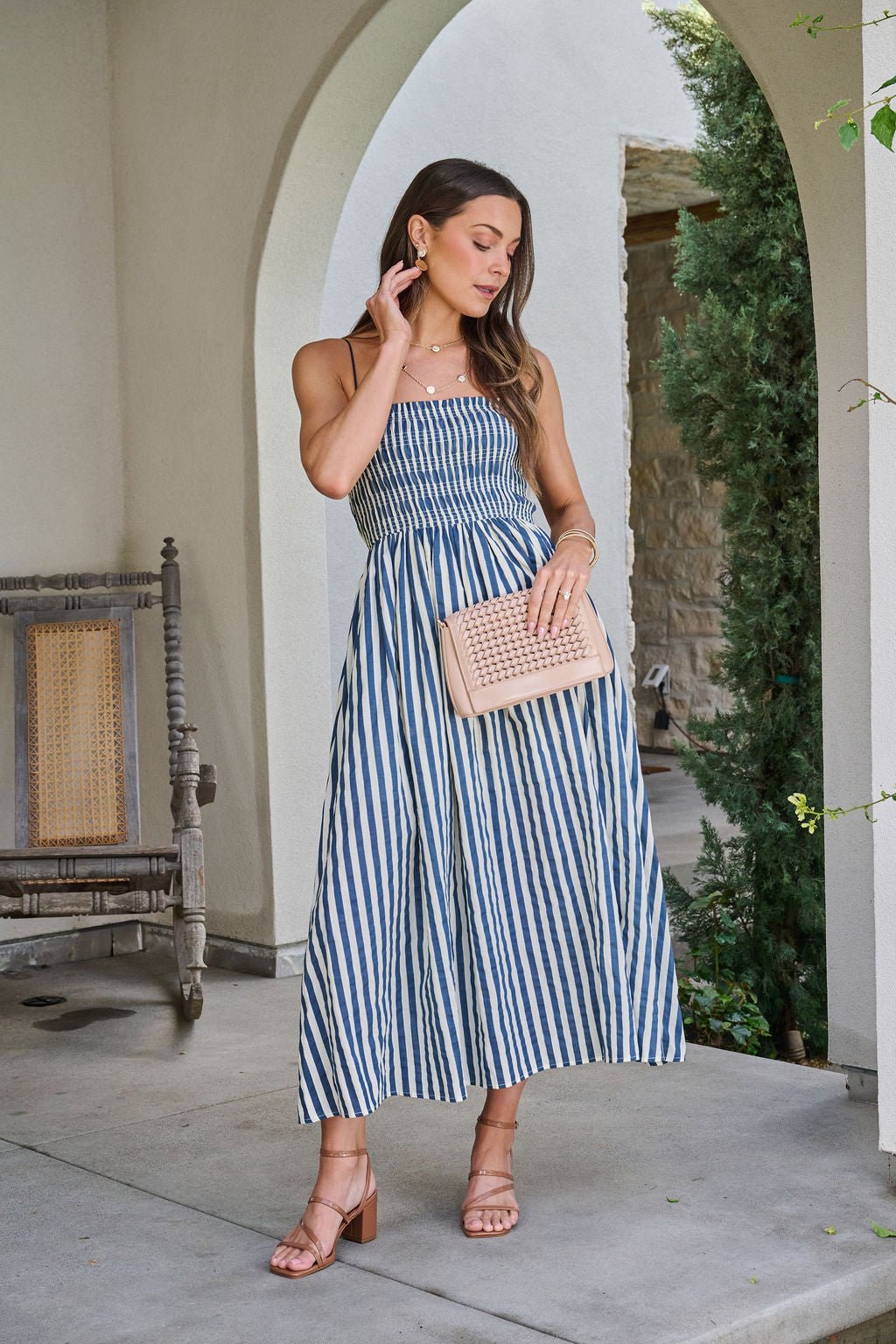 Navy and Ivory Striped Smocked Midi Dress OMFORT