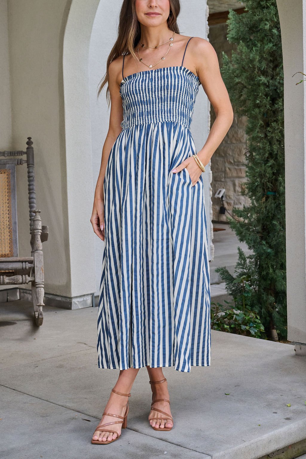 Navy and Ivory Striped Smocked Midi Dress OMFORT
