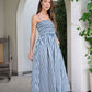 Navy and Ivory Striped Smocked Midi Dress OMFORT