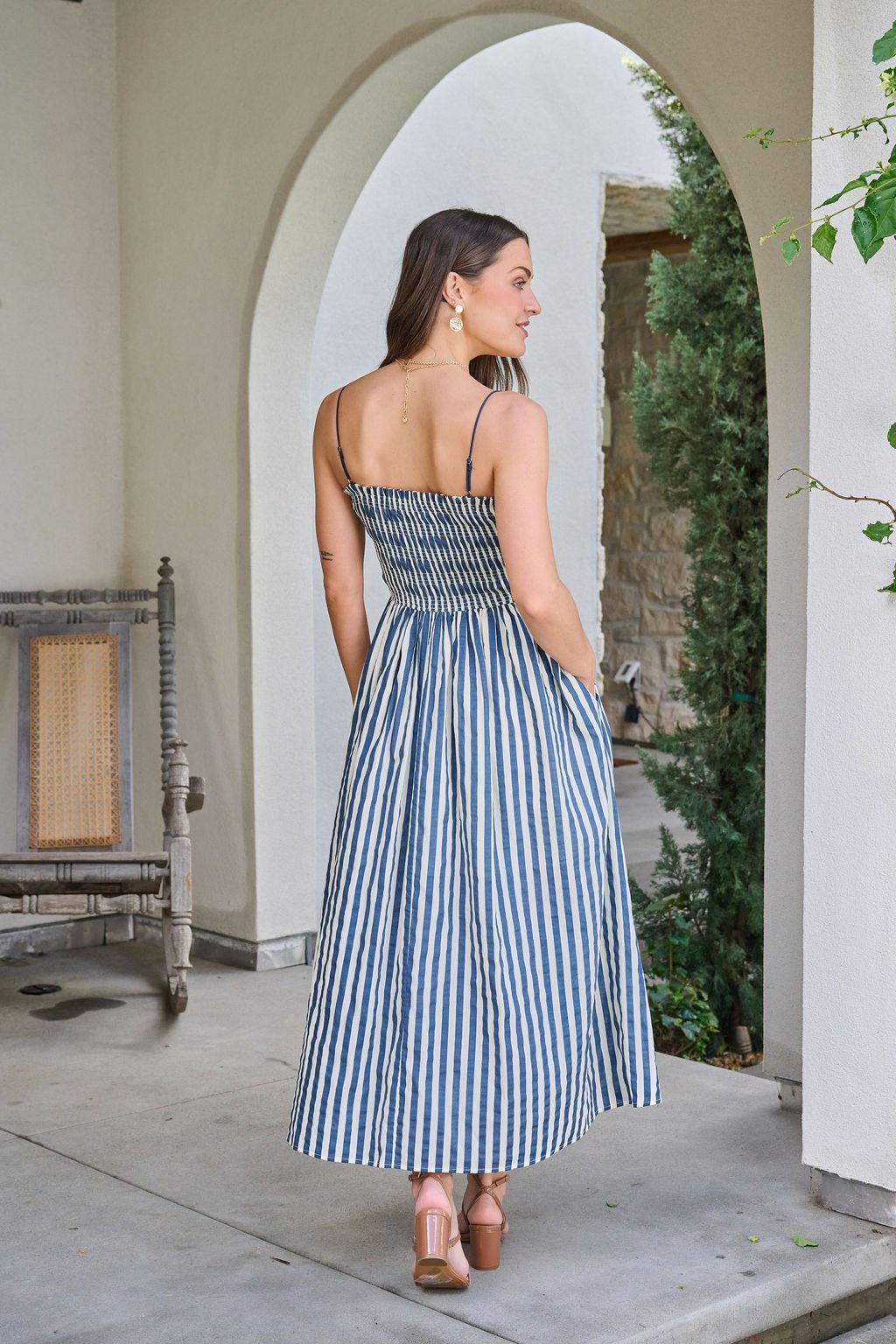 Navy and Ivory Striped Smocked Midi Dress OMFORT